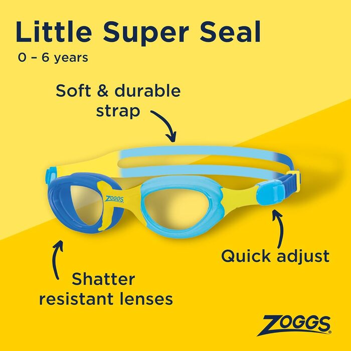 Дитячі плавальні окуляри Zoggs Little Super Seal з UV-захистом, швидке регулювання, для дітей до 6 років, синьо-жовті, прозорі лінзи