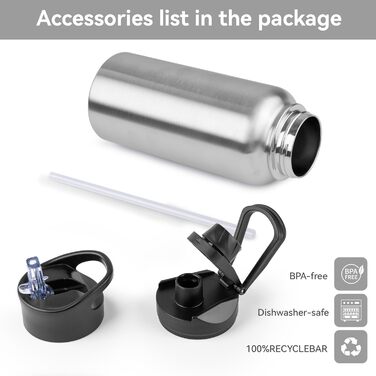Термобутилка з нержавіючої сталі 1 л, з 2 кришками і трубочкою, BPA Free, герметична, для газованих напоїв, подвійна вакуумна ізоляція, для спорту, подорожей, кемпінгу