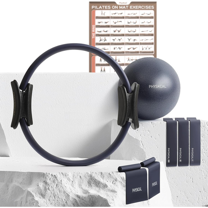 Набір для пілатесу: кільце 38 см, м'яч, стрічки опору (3x, 2x) та килимок для фітнесу. Колір: морська хвиля