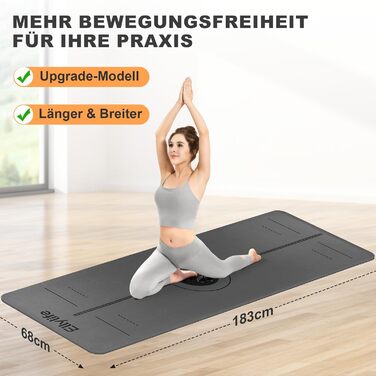 Протиковзкий килимок для йоги, пілатесу та фітнесу з еко-натурального каучуку та TPE, з лініями розмітки та ременем для перенесення, темно-сірий, 4 мм