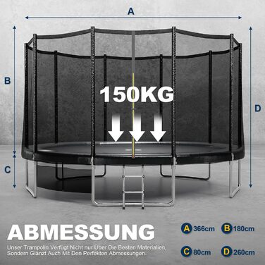 Трамплін JUMMICO Outdoor для дітей з драбиною та боковою кишеню (діаметр 366 см, чорний), сертифікований GS