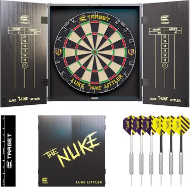 Професійний набір для дартсу Target Darts Luke Littler Kabinett & Dartboard Set 'The Nuke' з шафкою, двома наборами стілдарців та аксесуарами, ідеально підходить для гравців, включає пунктетаблиці, оригінальна гравецька версія