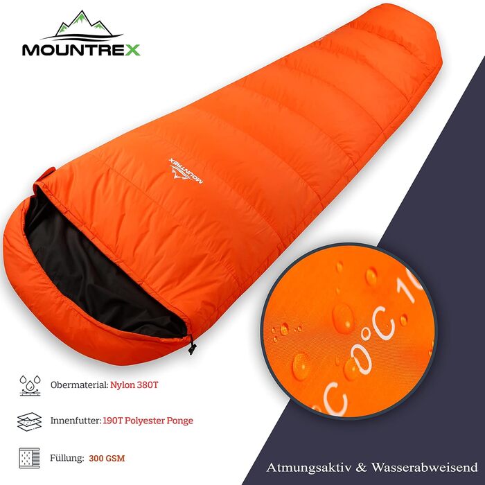Сплячий мішок MOUNTREX® - ультралегкий, компактний (760г/1500г) - Outdoor, літній, 3-4 сезони (300г/м²) - мішковидний, для кемпінгу, подорожей, фестивалів - теплий, з'єднувальний (Orange, 3 сезони - 1500г (RV Links))