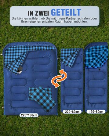 Спальний мішок для двох осіб з флянелі, 220 x 160 см, з двома блискавками, 2 подушки та сумка для перенесення, для дорослих, блакитний