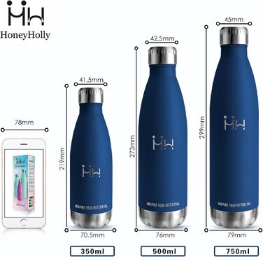 Термобутилка для води HoneyHolly з нержавіючої сталі 500 мл, двостінна пляшка для дітей, спорту та фітнесу, BPA-free, темно-синя