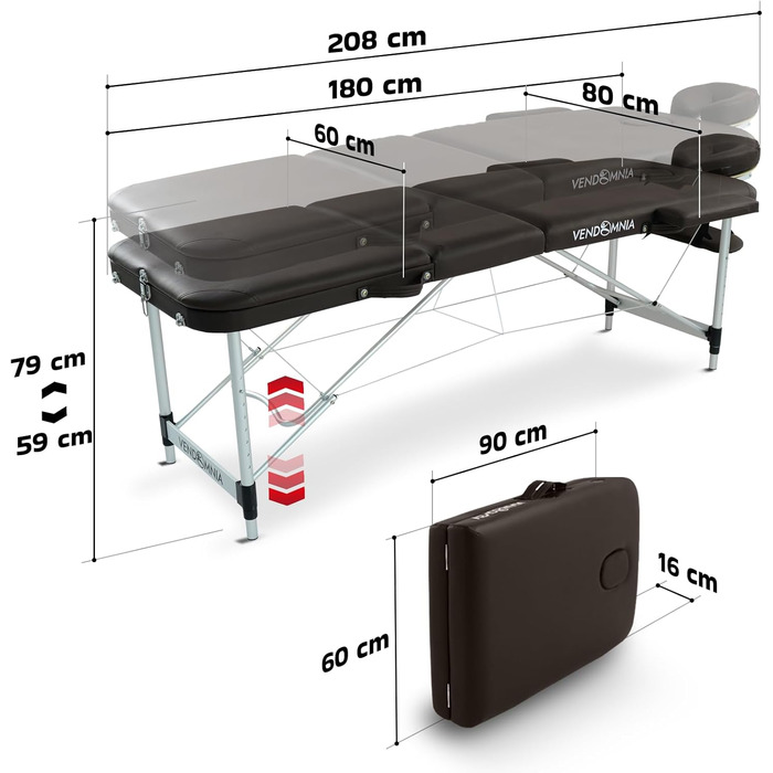 Масажне ліжко VENDOMNIA - алюмінієва, 3 зони, регульована висота, з високоякісною подушкою, сумкою, підлокітниками, складна, коричневе