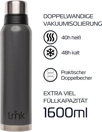 Термос TRNK Outdoor Polar 2, 1600 мл, нержавіюча сталь, BPA-free, з двома чашками, тримає тепло до 40 годин, підходить для посудомийки, колір вулканічний сірий