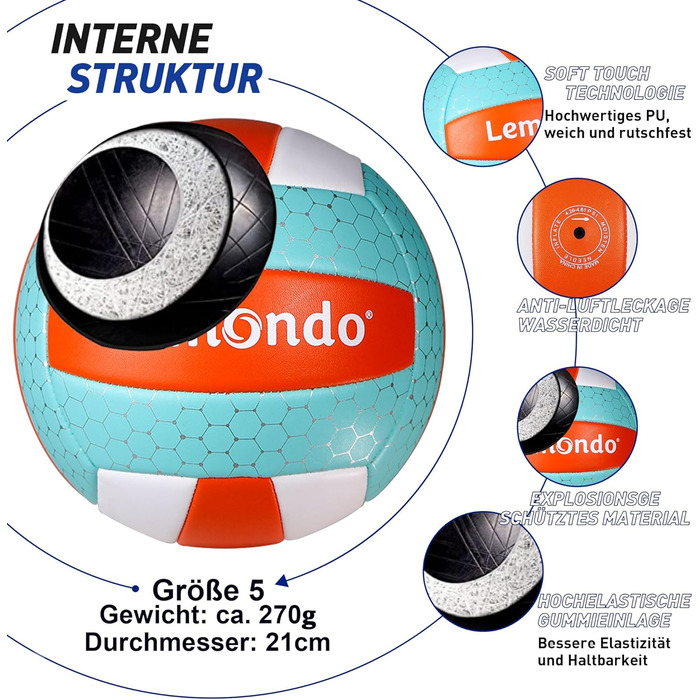 Волейбольний м'яч Lemondo, розмір 5 - м'який PU-м'яч з насосом - для залу та вулиці - водонепроникний та неслизький - для пляжу, залу, тренувань (з насосом)