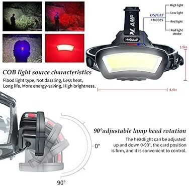 DARKBEAM COB Фонарик на голову LED з червоним світлом, перезаряджається USB, 2000 люмен, водонепроникний, для риболовлі, ремонту та будівництва, з акумуляторами, час роботи 7-14 годин