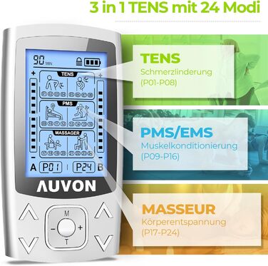 Пристрій TENS EMS AUVON: 2 канали, 24 режими, 12 електродів для зняття болю та масажу спини та шиї
