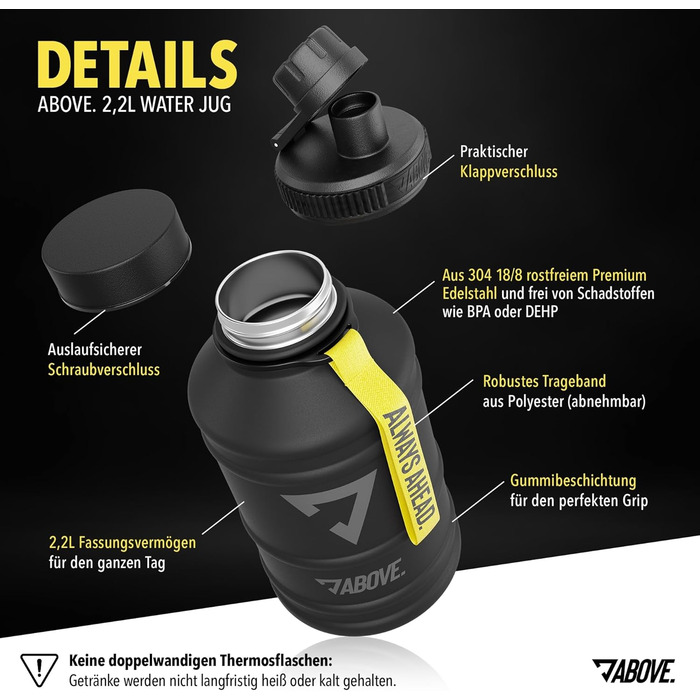 Пляшка для води з нержавіючої сталі ABOVE 1.3L/2.2L, BPA FREE, герметична, спортивна, з додатковою кришкою, чорна-жовта