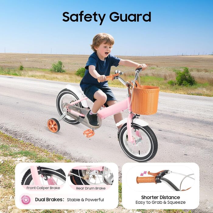 Дитяче велосипед 12 дюймів, регульований по висоті, з додатковими колесами та кошиком. Підходить для дітей 2-4 років, рожевий.