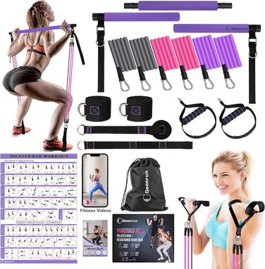 Портативна фітнес-палка Pilates з еспандерами, ручками, дверним якорем, ременями для щиколоток і подовжувальними стрічками, з фітнес-постерами та відео, фіолетова, універсальна