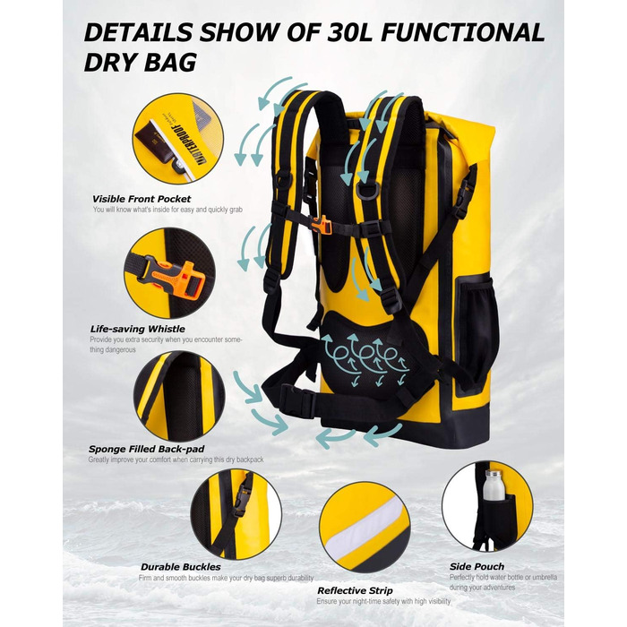Водонепроникний рюкзак IDRYBAG 30L, жовтий - для каякінгу, кану, кемпінгу та піших прогулянок