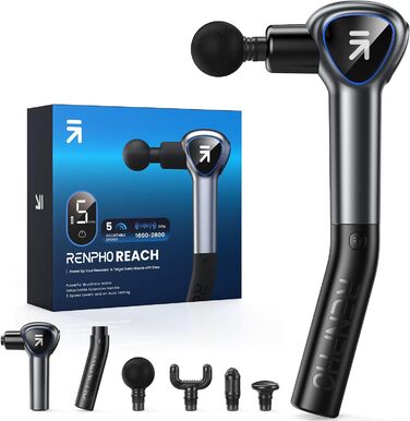 Масажний пістолет RENPHO Reach Mini з подовженою ручкою, LED-дисплеєм, для масажу м'язів, домашніх тренувань, релаксації, чорний