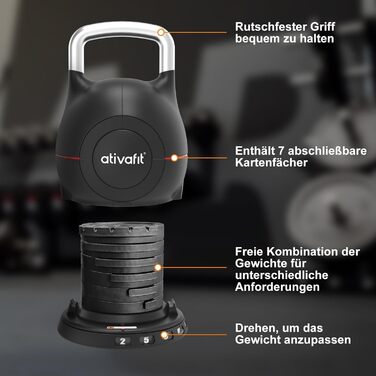 Гантелі ATIVAFIT 20 кг, 7-в-1, регульовані, з алюмінієвим грифом, швидка зміна ваги, фітнес для дому, тренування вдома