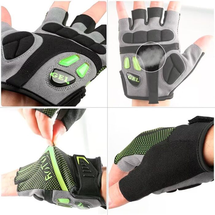 ROTTO Велосипедні рукавички напівпальці унісекс для шосе, фітнесу, даунхілу з гелевою амортизацією (4-Чорний-Зелений, L)