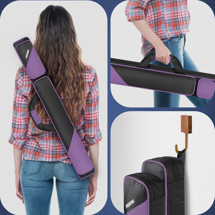 Чохол для більярдних київ PEKREWS, 2x2 на 2 киї з кишеньками для аксесуарів, міцний поліестер, з ременем та ручкою, м'який рюкзак для чоловіків та жінок, фіолетовий/чорний