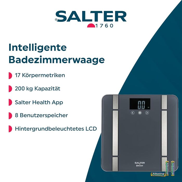 Ваги для ваги Salter SA00432FEU6 Bluetooth - ваги для тіла з пам'яттю на 8 користувачів, максимальна вантажопідйомність 200 кг, підключення до Salter Health App для моніторингу здоров'я та фітнесу (Сірий)