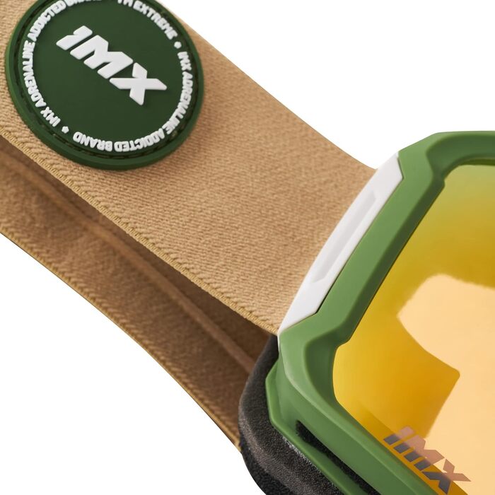 Гірськолижна маска IMX RACING Peak, тришаровий ущільнювач, подвійна лінза, антифог та UV-захист, широка стрічка із силіконом, універсальний розмір, зелена матова/пісочна