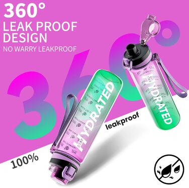 Спортивна пляшка для води 1л Tritan без BPA з маркуванням часу, 1000 мл, Taro Violett