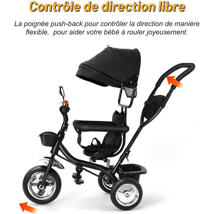 Триколісний велосипед для малюків 5 в 1, росте разом з дитиною, велосипед-коляска, поворотний сидіння 360°, штовхач, знімний капюшон, ремінь безпеки 3-точ., кошик, 1-5 років (5 в 1), чорний