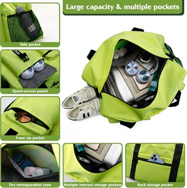 Спортивна сумка для жінок та чоловіків з відділенням для взуття та мокрих речей, водонепроникна дорожня сумка-вікенд для тренувань, залу та басейну (Зелена)