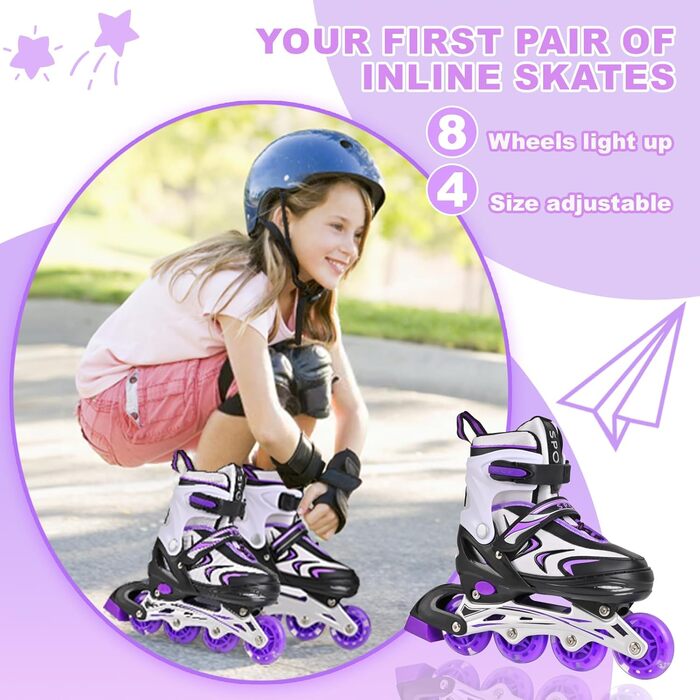 Регульовані дитячі ролики для дівчаток та хлопчиків, чорно-фіолетові. Підходять для гри в приміщенні та на вулиці.