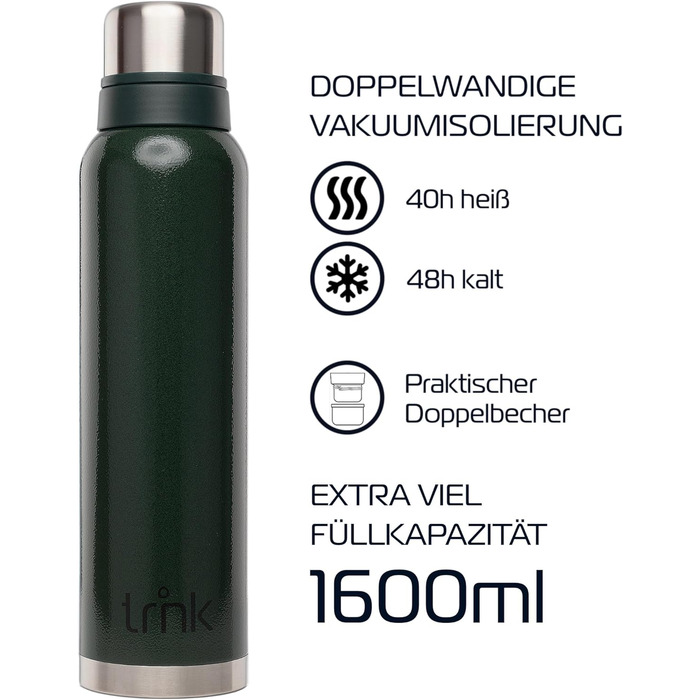 Термос trnk Outdoor polar 2, 1600 мл, нержавіюча сталь, BPA-free, з 2 чашками, зберігає тепло 40 годин, для напоїв, зелений, для туризму, можна мити в посудомийній машині