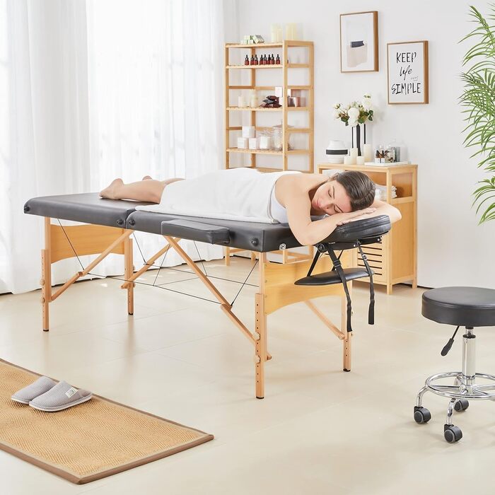 Масажний стіл Aspria Massageliege Mobile з 2 зонами, регульована висота, дерев'яні ніжки, з підголовником та підлокітниками, чорний (213x82x85 см, до 250 кг)