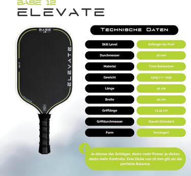 BASE12 Піклбол Шляк Карбон – Преміум Ракетка 16 мм, Шорстка Поверхня для Контролю та Обертання – Ідеально для Початківців та Професіоналів