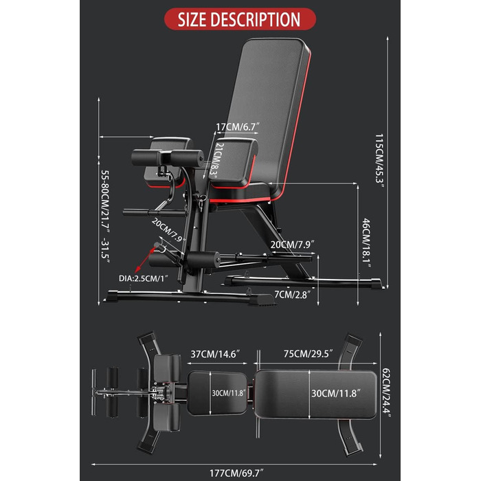 Універсальна лава для тренувань з гантелями та штангою, регульована, для силових, гантельних та пресових вправ, чорна (оновлена версія)