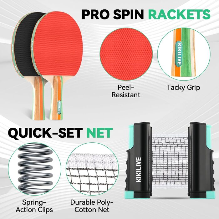 Набір для пінг-понгу для 2 гравців – 2 ракетки, сітка, 6 м'ячів. Підходить для гри в приміщенні та на вулиці. Кольори: блакитний/зелений (чорний/червоний)