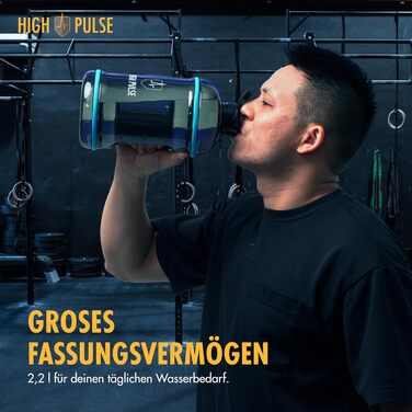 Водяний глечик High Pulse® з насадкою для пиття + кришка (2,2 л) – витокозахисна пляшка для фітнесу та силових тренувань – 100% BPA-free, підходить для газованої води, чорний