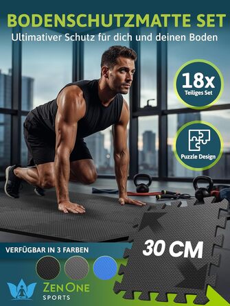Пазл-килимок для фітнесу ZenOne Sports® 30x30x1 см (18 шт., 1.5 м²) - захисний килимок для тренажерів, чорний