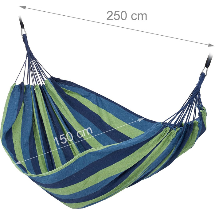 Гамак Relaxdays бавовняний 150x190 см, блакитно-зелений, до 300 кг, з комплектом кріплення, переносний