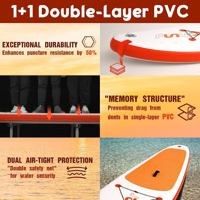 Надувний SUP-борд FunWater 320CM – комплект: весло, рюкзак, 3 ласти, насос, лінь – для початківців та досвідчених райдерів, 10'6, Orange/Weiß