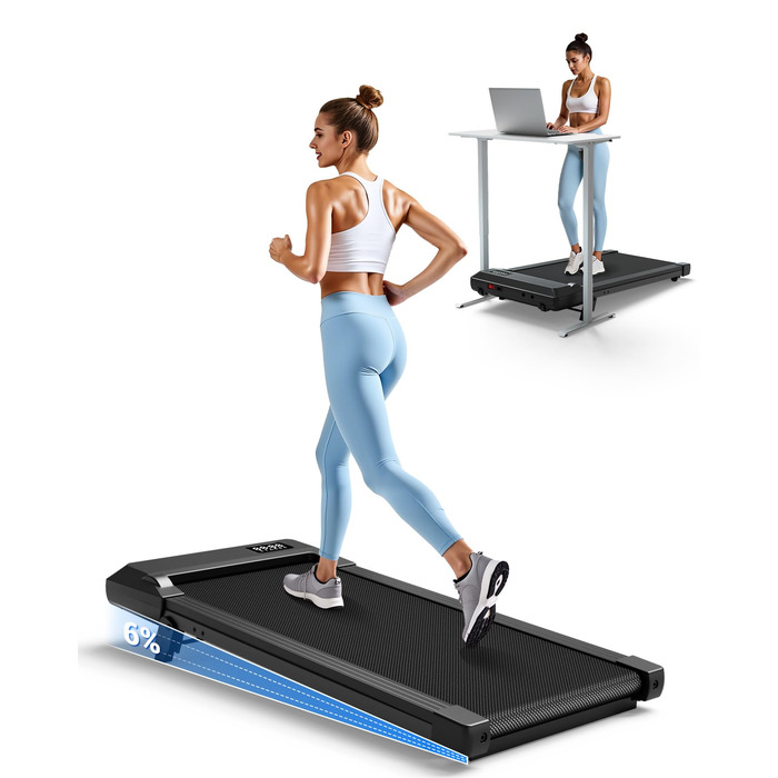 Бігова доріжка DeerRun Walking Pad під стіл з ухилом 6%, для дому та офісу, компактна, з додатком, пультом та LED-дисплеєм, до 136 кг, чорна глянцева