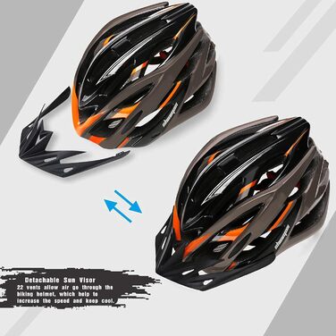 Велосипедний шолом Shinmax для чоловіків і жінок з LED-підсвіткою, знімним візором, регульований, суперлегкий, для MTB, з чохлом, чорний з оранжевим, 57-62 см