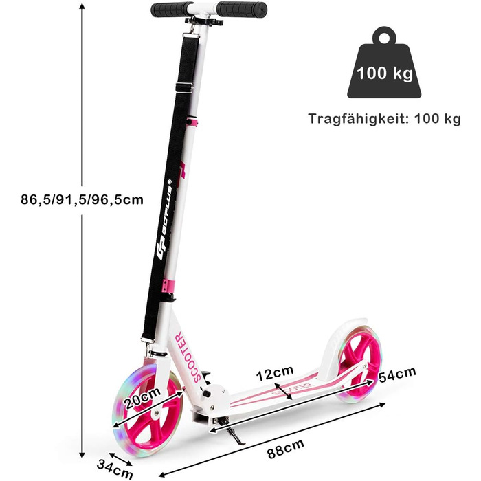 Дитячий трюковий самокат GOPLUS Roller Kinder 10 років, 3-ступенева регулювання висоти, алюмінієвий, з LED-колесами, гальмом, ременем та підставкою, до 100 кг (Рожевий)