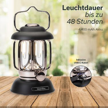 Ліхтар намету Skandika Forsol LED Retro-стиль | Акумулятор 4400mAh, регулювання яскравості, для кемпінгу, саду, декору, піших прогулянок, зелений (чорний)