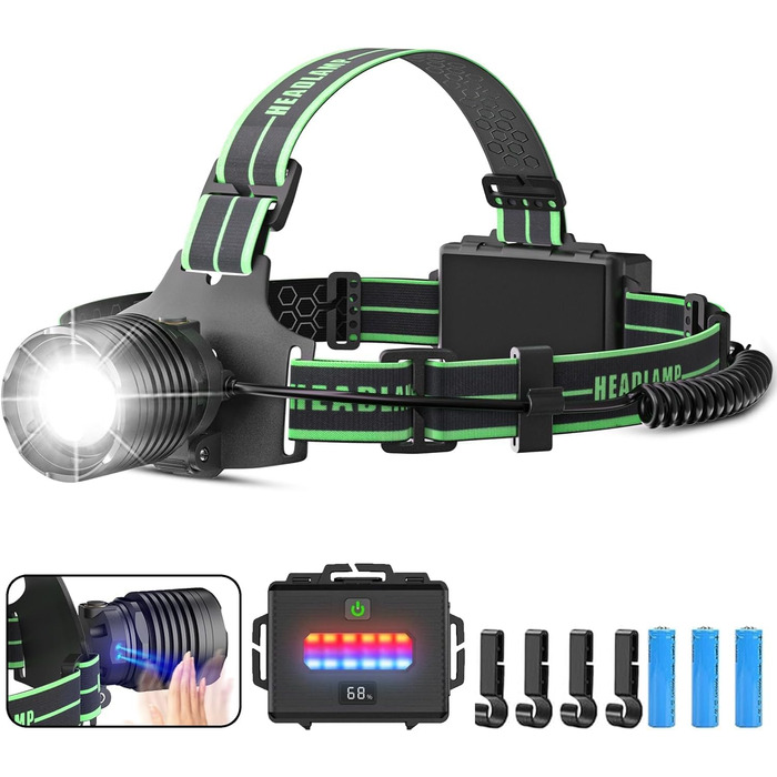 Кепка-ліхтар Sogdeco LED, перезарядна, 90000 люменів, 7800 mAh, 10 режимів, з датчиком та червоним світлом, водонепроникна IPX7, для кемпінгу, походів, риболовлі, зелений