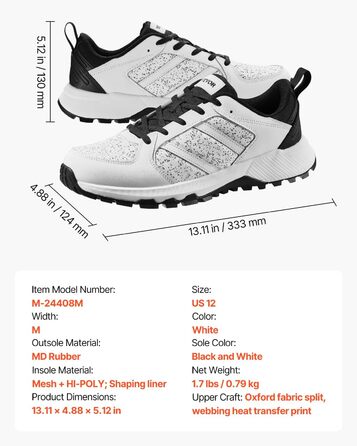 Чоловічі кросівки для тренувань VEVOR 42 EU, широкі, білі