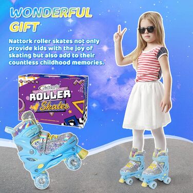 Дитячі ролики Nattork, ролики для катання, ролики для дівчаток та хлопчиків, регульовані на 4 розміри, для початківців, для використання в приміщенні та на вулиці, блакитний (S 175-200 мм / 27-31 EU)