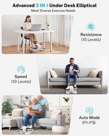 Еліптичний тренажер Gonex під стіл для літніх людей з 10 рівнями опору, тренажер для ніг, як у телепередачі, педальний тренажер для сидіння, 10 швидкостей & 3 автоматичні режими (білий)