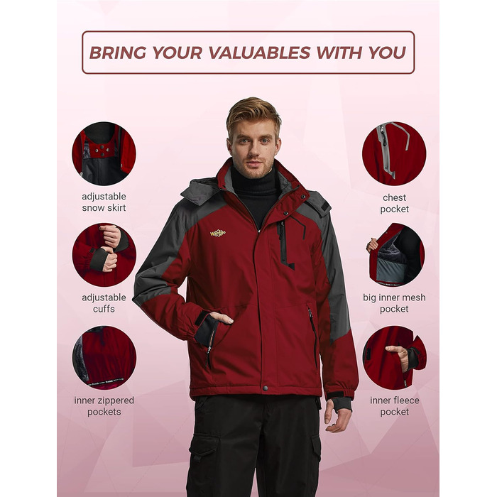 Чоловіча гірськолижна куртка Wantdo - тепла зимова флісова куртка, водонепроникна, дихаюча, з капюшоном, вітрозахисна. Розмір L.