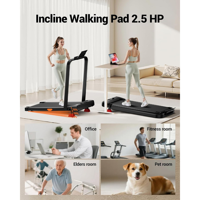 Ходьбовий тренажер UMAY з нахилом 15%, бігове полотно для дому, складане з нахилом та потрійною амортизацією, з пультом дистанційного керування, максимальне навантаження 136 кг, нахил 14%