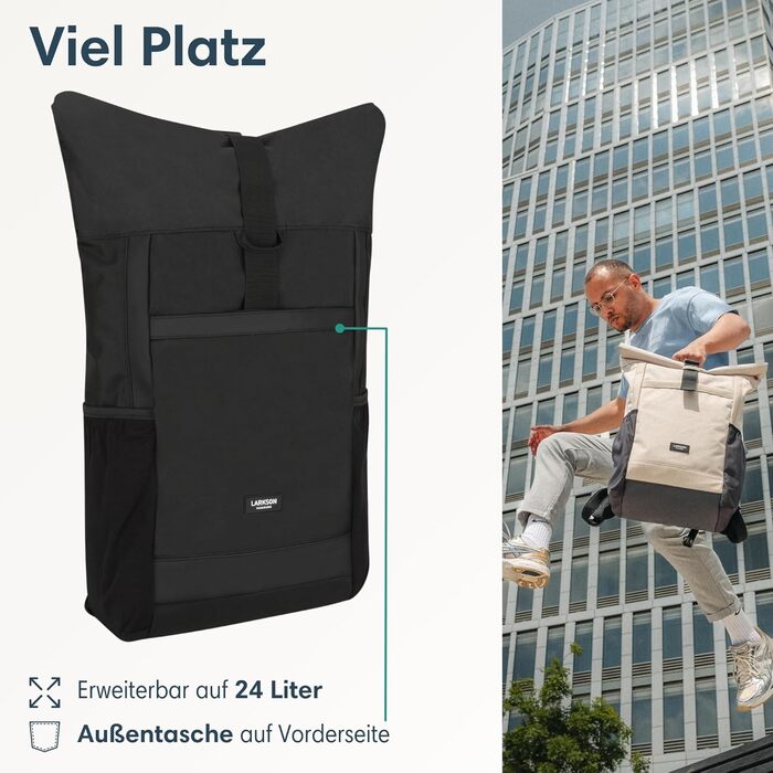Рюкзак LARKSON Rolltop для чоловіків і жінок, чорний, великий, для школи, університету, велосипеда, 16-дюймове відділення для ноутбука, водовідштовхувальний, антивикрадальний, екологічний