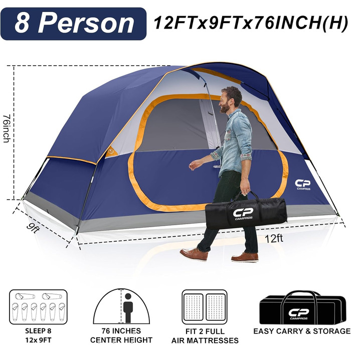 Намет сімейний CAMPROS Campingzelt 6 для 8 осіб, водонепроникний, 366x274x193 см, швидкий монтаж, 4 сезони, блакитний