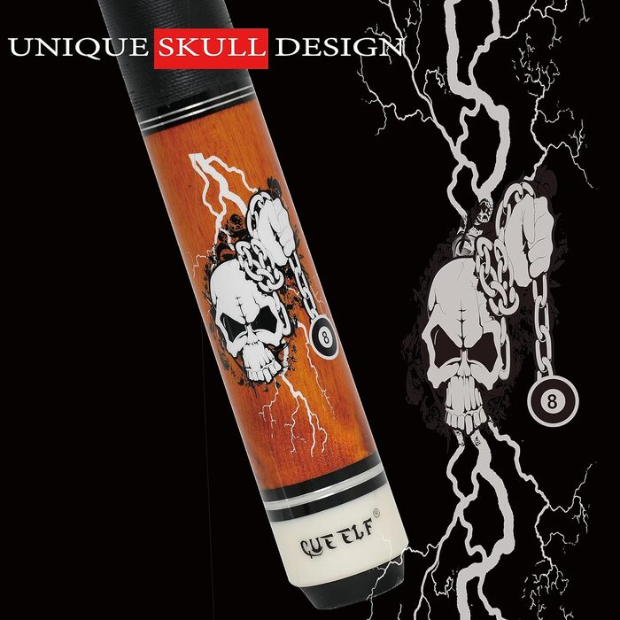 Професійний бик для більяру CUEELF з мотивом черепа, тверде дерево, канадський клен, 13 мм, чорна вершина